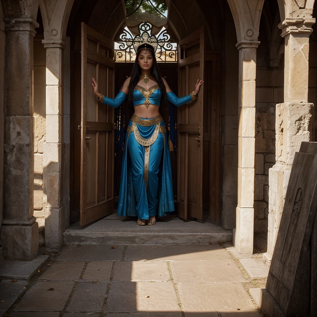 Create an image where you are being welcomed into a world but a goddess is giving you the options to choose your new future. 