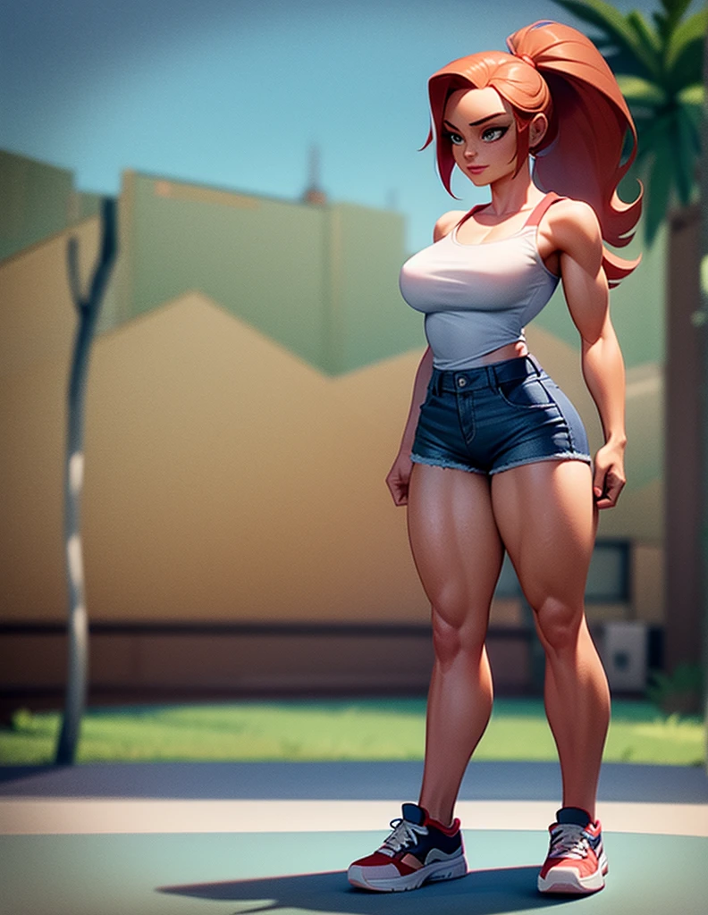 Chica bandicoot, sexy young girl, good body, strong red hair, long ponytail hair, blue eyes, blue jeans, White shirt, white tennis shoes, standing