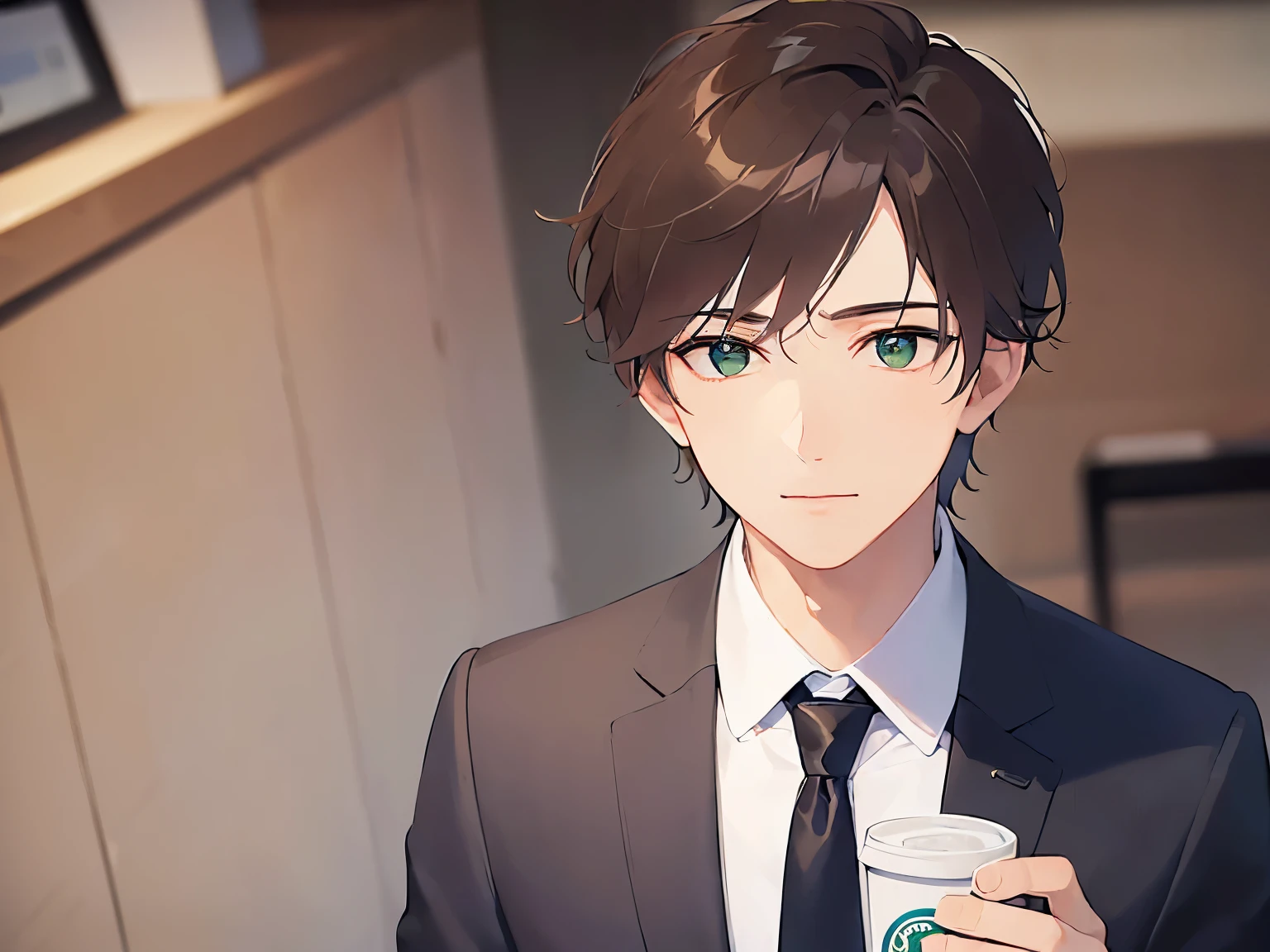 (26-year-old male:1.5),(Brown short hair),(Green Eyes),BREAK(Wearing a suit:1.5) and (Blue tie)BREAK,(light smile),The background is the company break room.,alone,side angle,(looking away:1.5),(holding a coffee cup in hand),(Biologically correct5Finger)