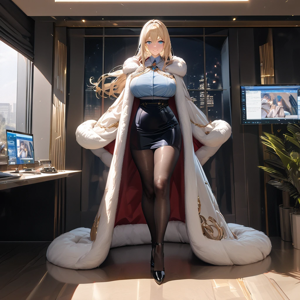 A woman wearing a white long-sleeved t-shirt, black office girl skirt, black transparent tights, black heels, big breasts, wearing a luxury fur cape, long cape, cape with white details, long blonde hair, blue eyes, smiling , standing, in a luxury office with white walls, luxurious blue glass window, luxury weights,,UHD , prime work , accurate , anatomically correct , textured skin , super details , high quality , best quality, 8k, high resolution, bokeh effect. (woman alone), close view. realistic,