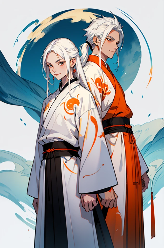 high quality , one white hair girl and one white hair boy, long hair, wuxia character, ((white clothes with blue and orange accent)), ink painting background, flat background, minimalist background, chinese wind pattern background, smiling, standing back to back
