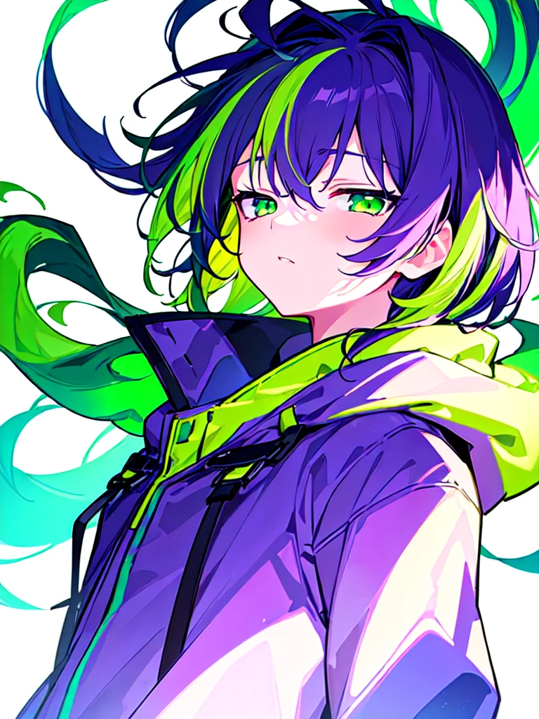 [(WHITE BACKGROUND:1.5),::5], ((((masterpiece)))), high quality, ultra very high resolution, full color, (((solo))), ((little boy)), Purple hair, ((Green streaked hair)), (Green eyes), anime, ((upper body)), neon light, black parka, 