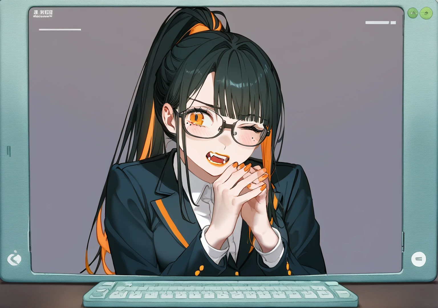 masterpiece, best quality, score_9,1older woman,orange lipstick,secretary outfit,siren glasses,mole,ponytail,orange and black hair,black hair,orange streaks,fangs,1woman,high quality,detailed, worried, face, praying hands, head tilt, eye wink, greenscreen background