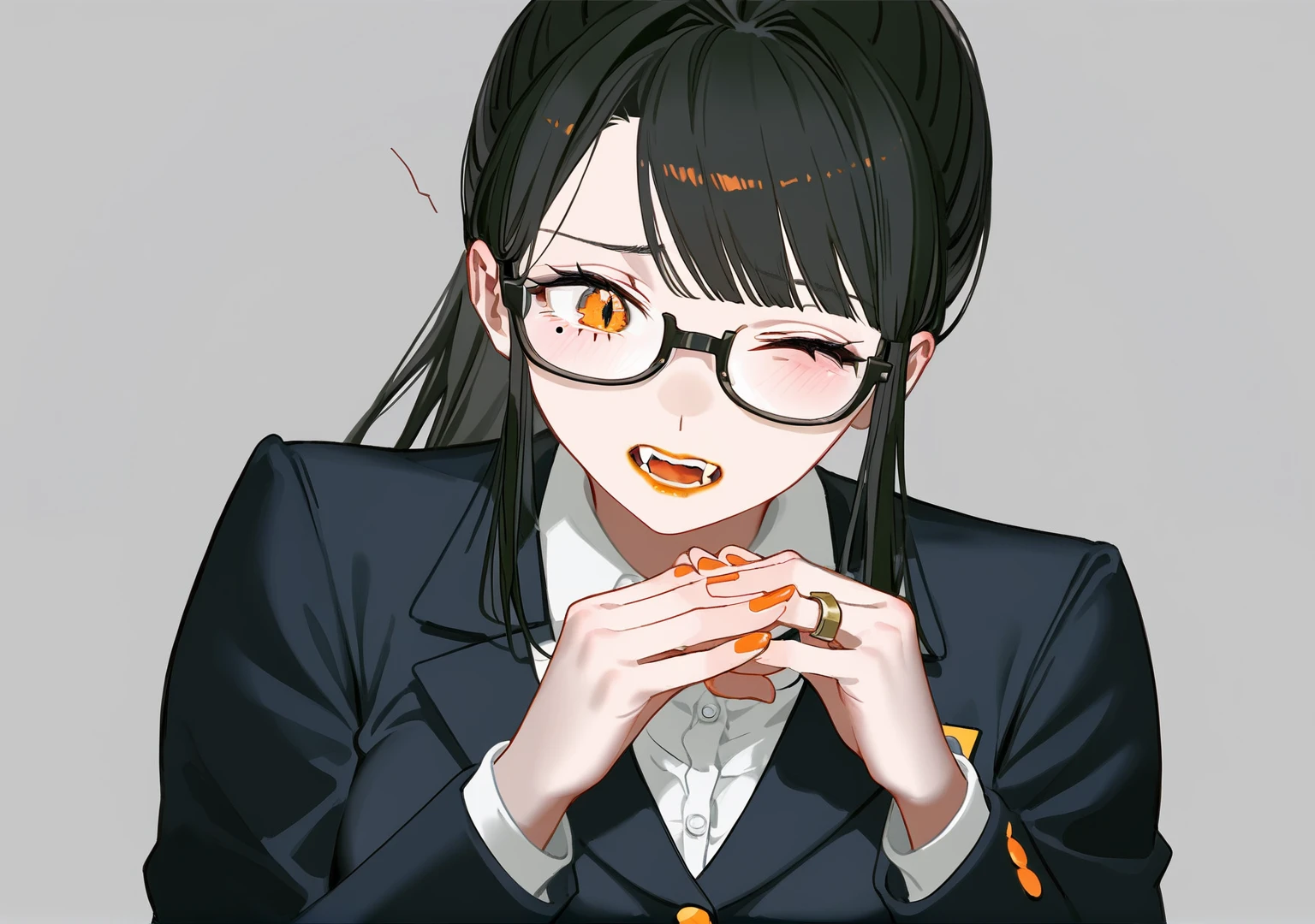 masterpiece, best quality, score_9,1older woman,orange lipstick,secretary outfit,siren glasses,mole,ponytail,orange and black hair,black hair,orange streaks,fangs,1woman,high quality,detailed, worried, face, praying hands, head tilt, eye wink, greenscreen background