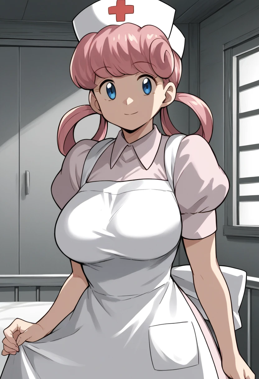 nanao yukiji style, greyscale, mange, 1girl, solo, eppknursejoy, pink hair,  blue eyes, long hair, large breasts, hair rings, bumper bangs, looking at viewer, hat, dress, closed mouth, short sleeves, puffy sleeves, apron, puffy short sleeves, nurse cap, nurse, indoors, smile, infirmary,