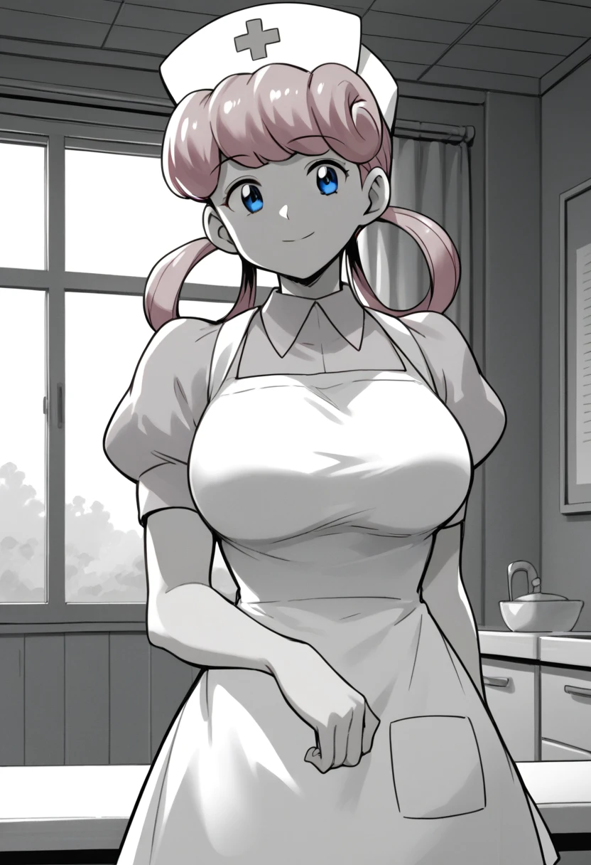 nanao yukiji style, greyscale, mange, 1girl, solo, eppknursejoy, pink hair,  blue eyes, long hair, large breasts, hair rings, bumper bangs, looking at viewer, hat, dress, closed mouth, short sleeves, puffy sleeves, apron, puffy short sleeves, nurse cap, nurse, indoors, smile, infirmary,