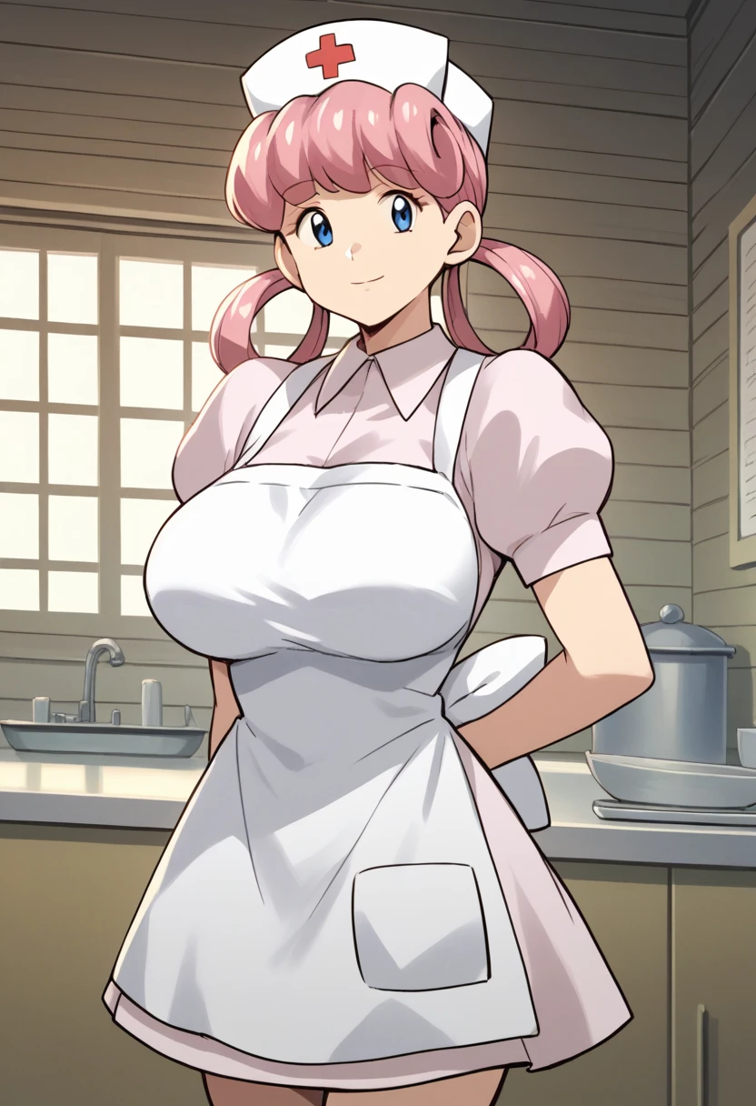 nanao yukiji style, greyscale, mange, 1girl, solo, eppknursejoy, pink hair,  blue eyes, long hair, large breasts, hair rings, bumper bangs, looking at viewer, hat, dress, closed mouth, short sleeves, puffy sleeves, apron, puffy short sleeves, nurse cap, nurse, indoors, smile, infirmary,