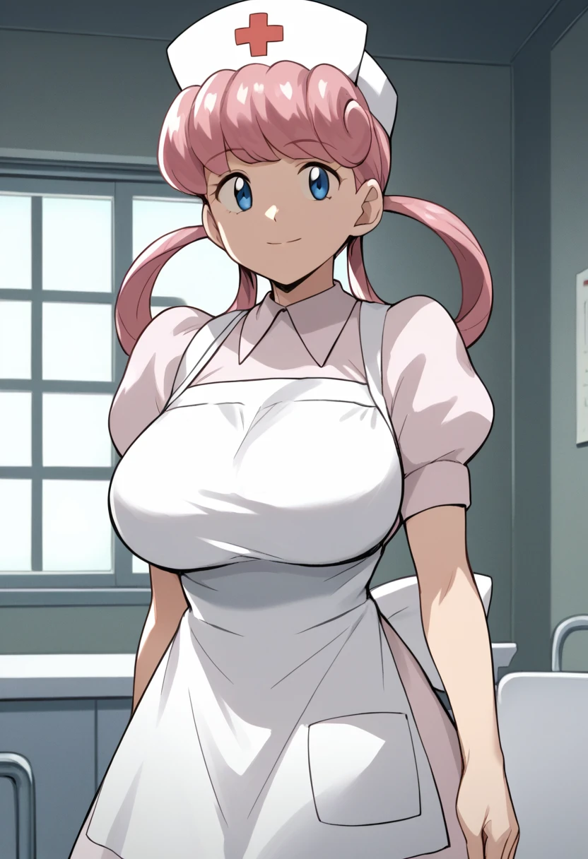 nanao yukiji style, greyscale, mange, 1girl, solo, eppknursejoy, pink hair,  blue eyes, long hair, large breasts, hair rings, bumper bangs, looking at viewer, hat, dress, closed mouth, short sleeves, puffy sleeves, apron, puffy short sleeves, nurse cap, nurse, indoors, smile, infirmary,