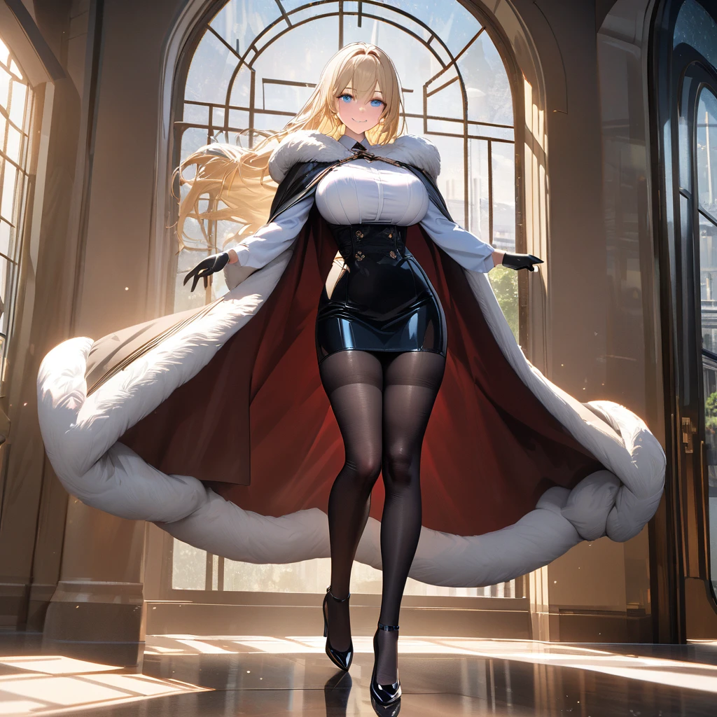 A woman wearing a white long-sleeved t-shirt, black office girl skirt, black transparent tights, black heels, big breasts, wearing a luxury fur cape, long cape, cape with white details, long blonde hair, blue eyes, smiling , standing, in a luxury office with white walls, luxurious blue glass window, luxury weights,,UHD , prime work , accurate , anatomically correct , textured skin , super details , high quality , best quality, 8k, high resolution, bokeh effect. (woman alone), close view. realistic