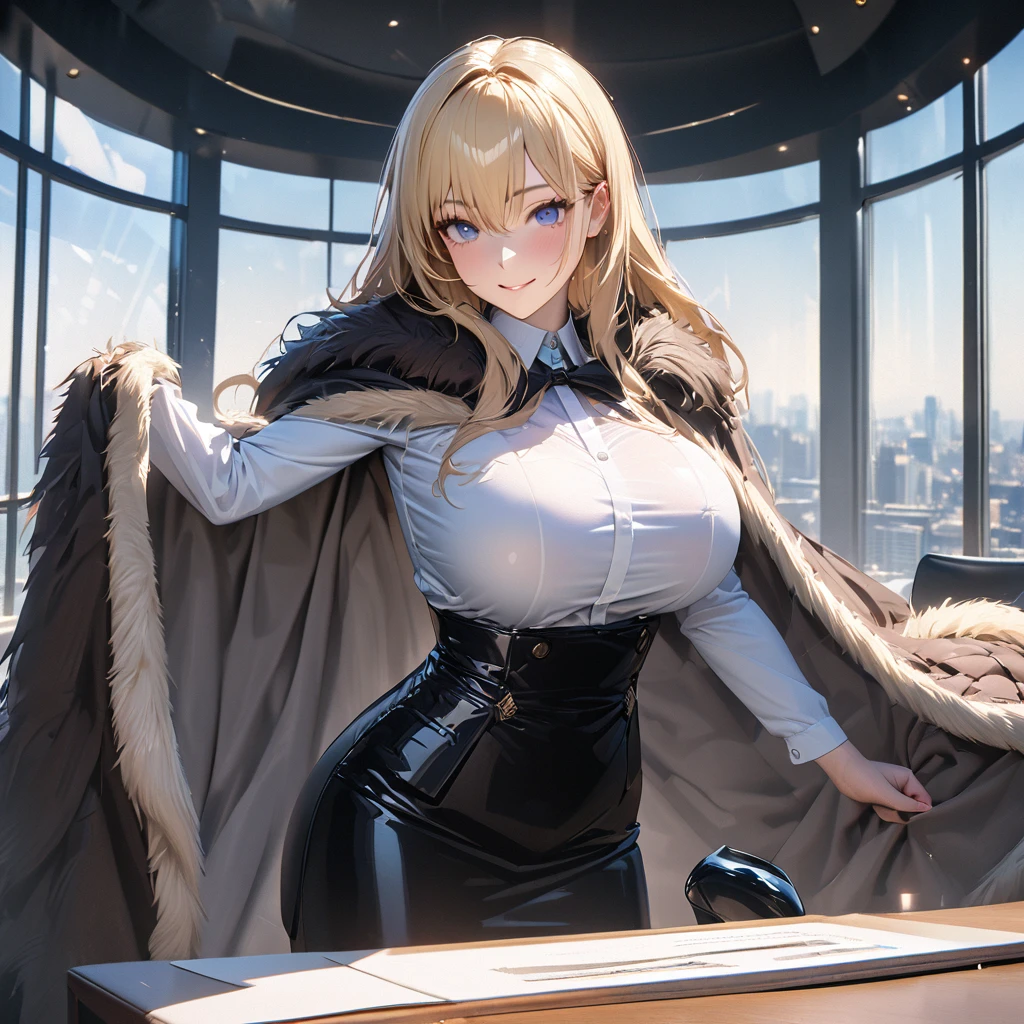 A woman wearing a white long-sleeved t-shirt, black office girl skirt, black transparent tights, black heels, big breasts, wearing a luxury fur cape, long cape, cape with white details, long blonde hair, blue eyes, smiling , standing, in a luxury office with white walls, luxurious blue glass window, luxury weights,,UHD , prime work , accurate , anatomically correct , textured skin , super details , high quality , best quality, 8k, high resolution, bokeh effect. (woman alone), close view. realistic
