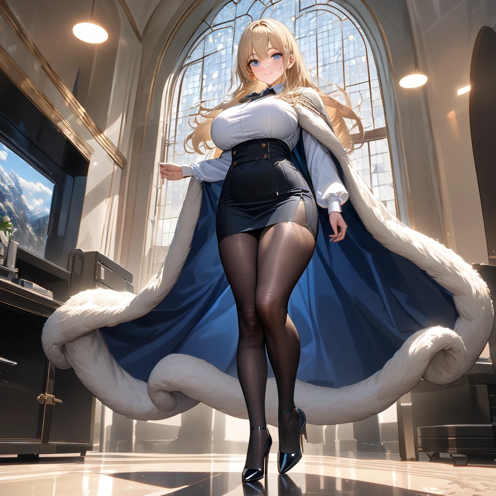 A woman wearing a white long-sleeved t-shirt, black office girl skirt, black transparent tights, black heels, big breasts, wearing a luxury fur cape, long cape, cape with white details, long blonde hair, blue eyes, smiling , standing, in a luxury office with white walls, luxurious blue glass window, luxury weights,,UHD , prime work , accurate , anatomically correct , textured skin , super details , high quality , best quality, 8k, high resolution, bokeh effect. (woman alone), close view. realistic
