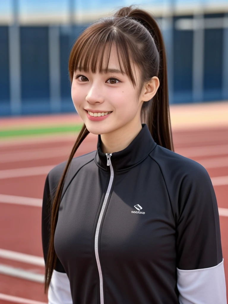 (kawaii 24 year-old Japanese girl, Nogizaka idol, Korean idol, track and field player), healthy female athlete body, glossy brown hair, (high ponytail, bangs:1.2), beautiful black eyes, rounded face, single eyelid, (no makeup:1.2), (big laughing), (long sleeved track jacket:1.3), extra small breasts, BREAK, (track and field stadium  background:1.2), (dynamic angle, bust shot:1.2), BREAK, (masterpiece, best quality, photo realistic, official art:1.4), (UHD, 8K quality wallpaper, high resolution, raw photo, golden ratio:1.3), (shiny skin), professional lighting, physically based rendering, award winning, (highly detailed skin texture, extremely detailed face and eyes textures), Carl Zeiss 85 mm F/1.4, depth of field, (1girl, solo),