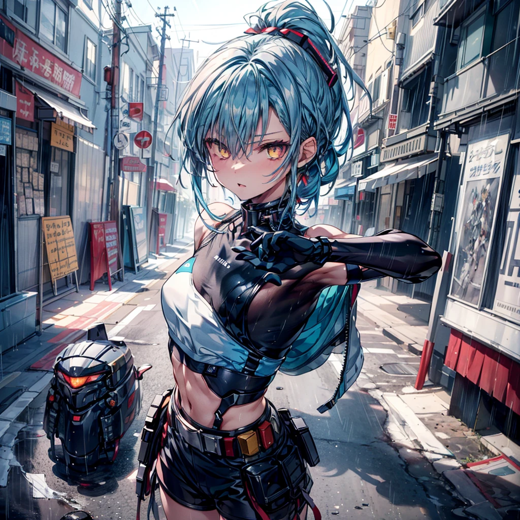 ((Highest quality,masterpiece,detailed,4K)), A girl anime character with half of her body being a cyborg. She has blue hair and yellow eyes. She is wearing a sports bra and shorts. Her profession is a mechanic. Draw her in a dynamic pose with a wrench in her hand. 1girl, 独奏, small breasts, arm up, black gloves, belt, ponytail, long hair, gray sky, rain, blurry background, looking at viewer, (mecha)