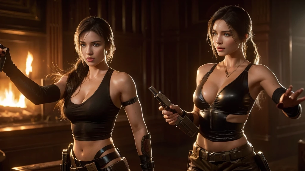 Lara Croft character from the Tomb Raider video game, aiming with two automatic pistols, with a sensual suit and great cleavage, perfect waist, great skin and hair detail