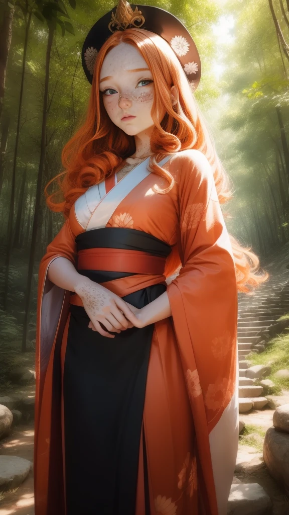 18 years old princess, striking figure, long ginger hair, wavy hairs, fair skin, (((freckles))), ((kolito)), innocent and regal appearance, expressive eyes are filled with a mix of curiosity and determination, her slender frame, elegant grace, vibrant orange kimono with white and black decorations, ornata kimono, very long sleeves feather headdress, in a forest