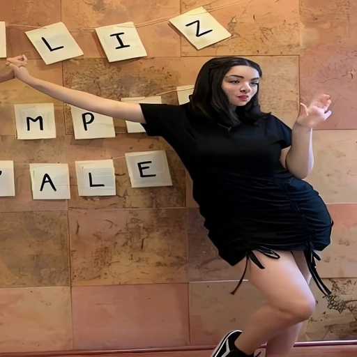 araffe woman in black shirt and shorts posing in front of a wall with scrabbles, she is wearing a black dress, kailee mandel, appearing in a shopping mall, wearing a tight black dress, music video, low quality video, succubus in tight short dress, epic angle and pose, casual pose, with a cool pose, wearing black dress