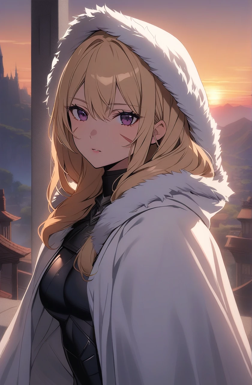 Pretty woman with long light blonde hair, Dark magenta eyes, and lean muscles, small scar on her right cheek, wearing long white cloak that's open with fur on the hood, and black clothes underneath, assassin like clothing, sunset in the background, fantasy setting, adult woman