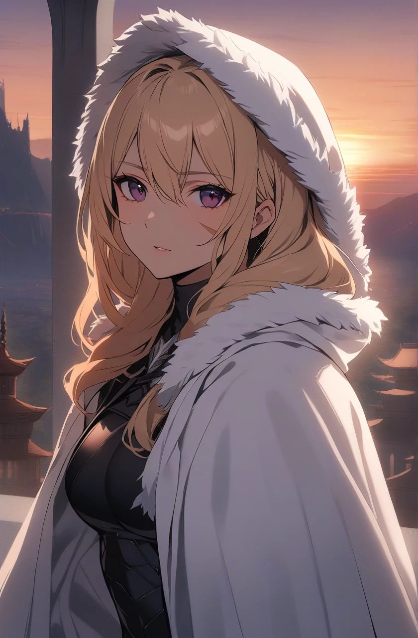 Pretty woman with long light blonde hair, Dark magenta eyes, and lean muscles, small scar on her right cheek, wearing long white cloak that's open with fur on the hood, and black clothes underneath, assassin like clothing, sunset in the background, fantasy setting, adult woman