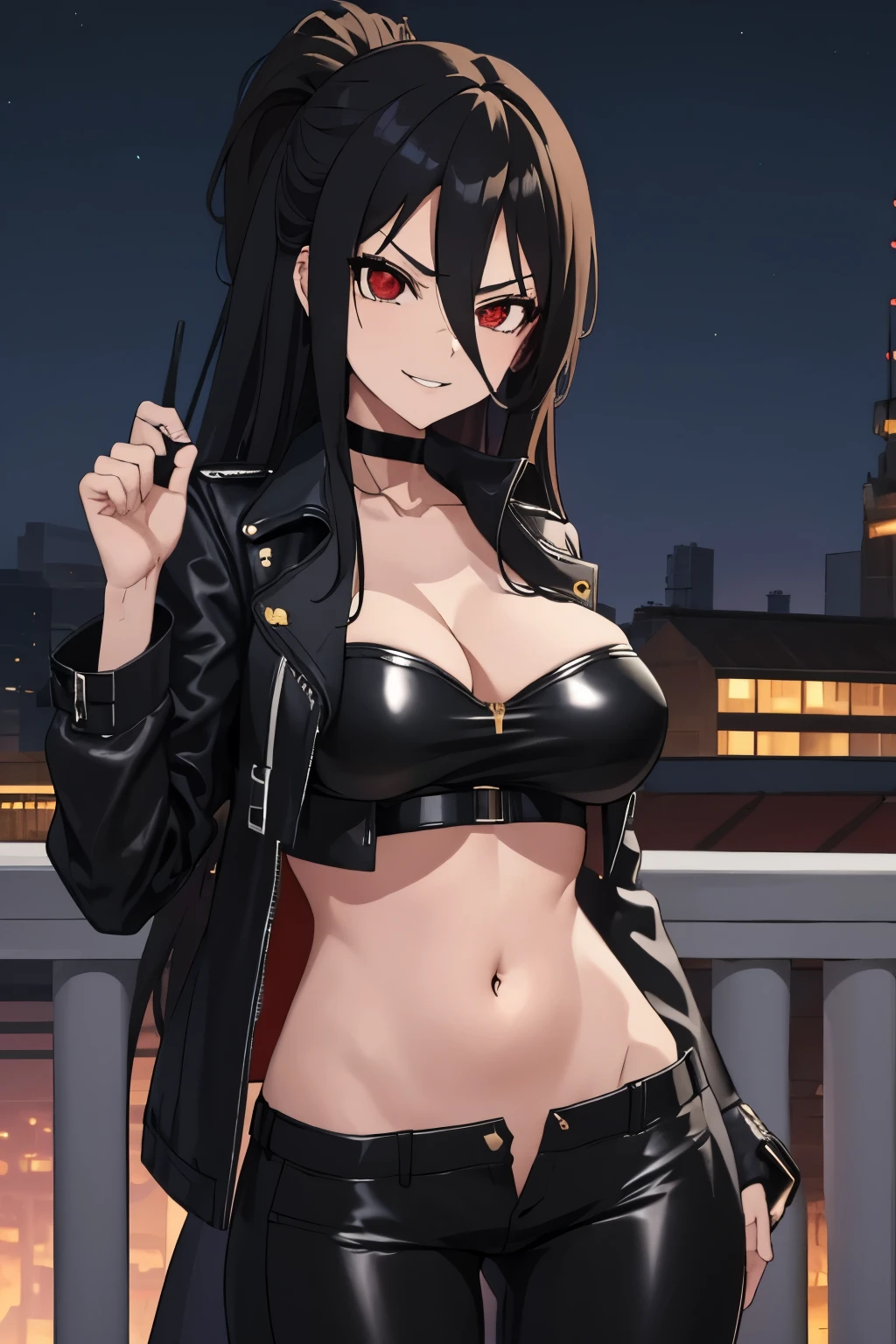 hasumi ba,  long hair, choker, solo, black hair,  large breasts, 1girl,  black choker,  hair between eyes,  red eyes, parted lips, blush, lipstick, Hot girl, baddie, staring, glaring, bad attitude, mean girl, dare, angry, hate, crazy, smoking, sensual, attractive, outdoors, rooftop, cityscape, building, railing, night, night sky, scenery, city lights, fur trim, mature female, gloves, fur-trimmed coat, masterpiece, best quality, highly detailed, a girls with a gun, evil smile , sexy gaze, badass pose , evil smile, smile, (nsfw) not safe for work, guns blazing, anime girl with long hair, beautiful long haired girl, navel, evil expression, exposed belly, exposed navel, exposed midriff, exposed lower belly, long black pants, crop top, cleavage, unbuttoned leather pants ,open fly, low rise black leather pants, leather jacket, holding a gun, navel piercing