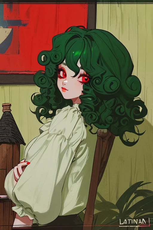 Latina girl with red eyes, black dyied green hair, short and curly, wearing British , living in a cottage