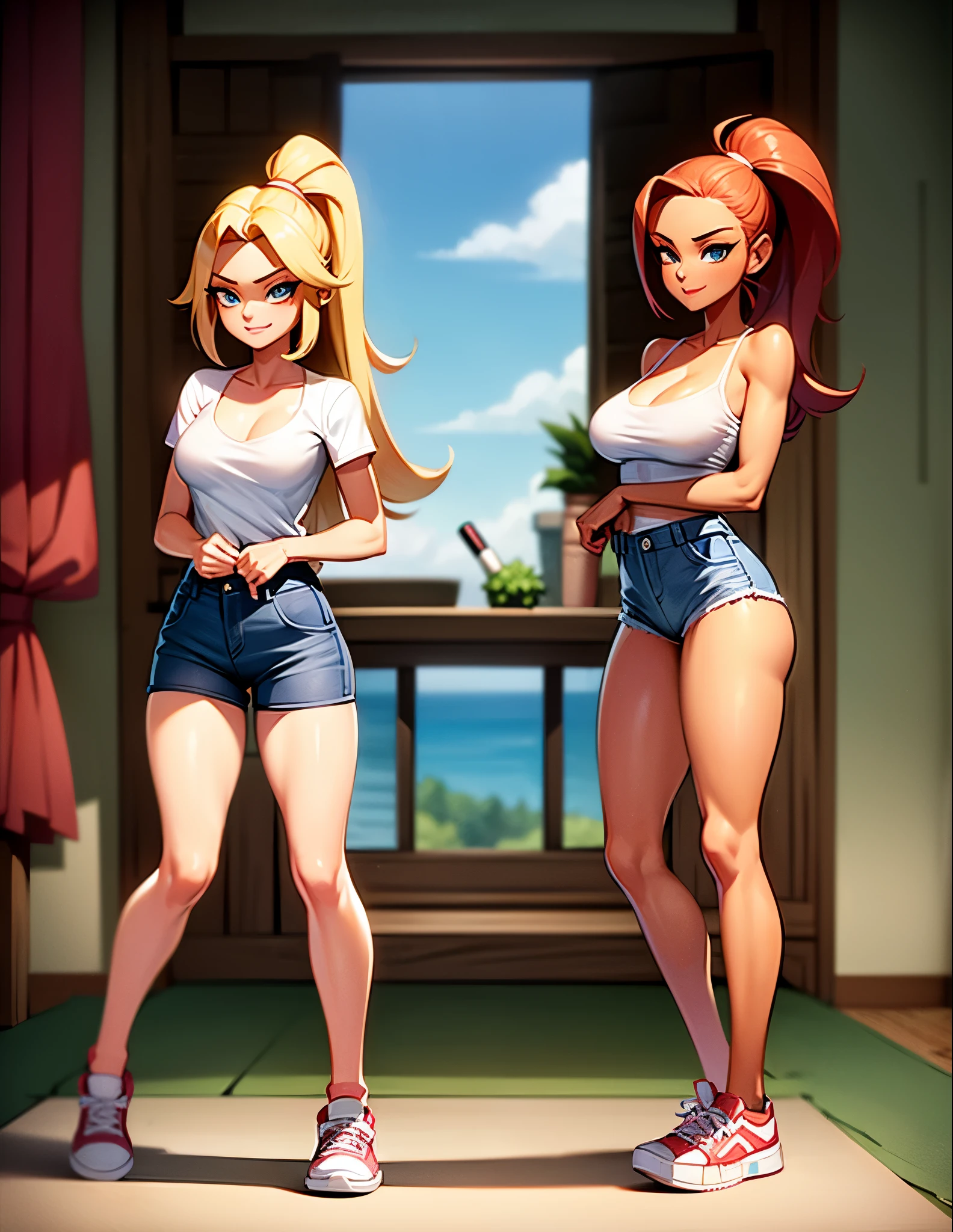 Chica bandicoot, sexy young girl, good body, strong red hair, long ponytail hair, blue eyes, blue jeans, White shirt, white tennis shoes, standing