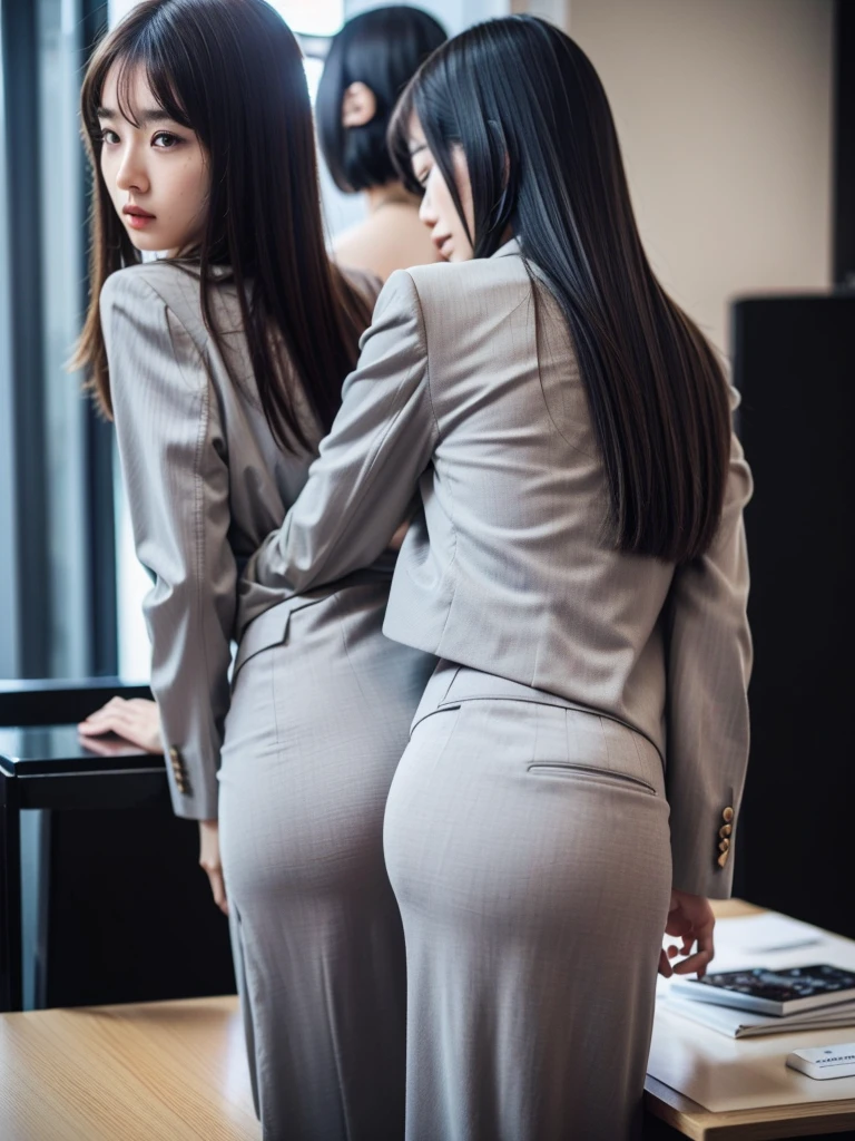 (best qualityer, 8K, 32k, work of art, ultra HD:1.2), 1 girl, japanese woman beauty, narrow waisted, grey suit, open jacket, secretary, suit, pants, from behind, DESK, tabletop, Bend, showing big ass, Look to viewer, face detailed, shorth hair