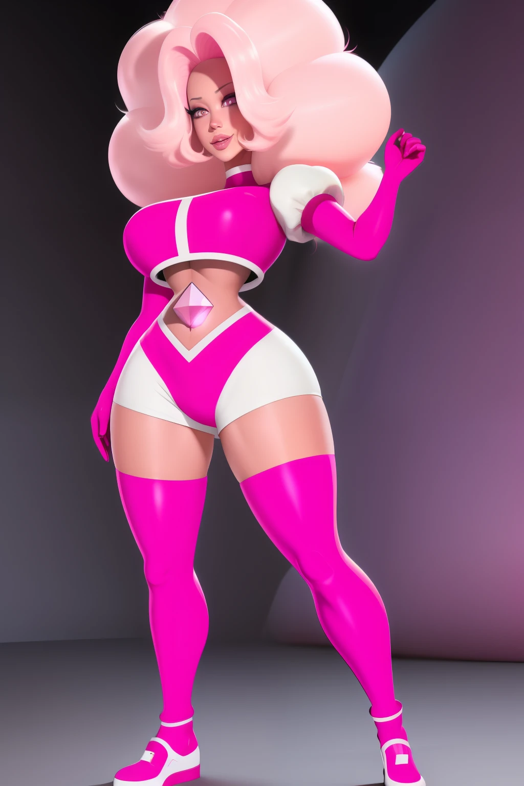 pnkdamond, pink hair, pink eyes,  big hair,  stomach gem,  pink skin,  toned, 
puffy short sleeves, elbow gloves ,  white thighhighs,   puffy dress, 
standing, upper body, 
 outerspace,  
(insanely detailed, beautiful detailed face,beautiful detailed eyes, masterpiece, best quality) cinematic lighting,  smile, 
 