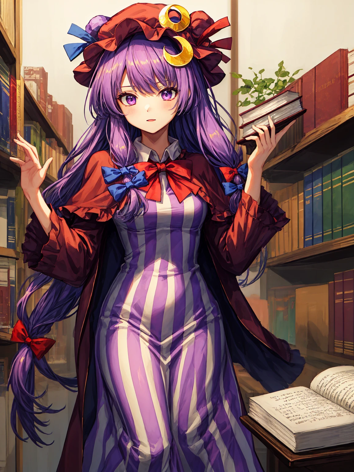 best quality, masterpiece, highres, solo, {patchouli_knowledge_touhou:1.15}, long_hair, purple_hair, crescent, purple_eyes, ribbon, hat, bow, bangs, mob_cap, hat_ornament, crescent_hat_ornament, hair_bow, red_bow, blue_bow, upper_body, book, red_ribbon, capelet, hat_ribbon, striped, very_long_hair, 1girl, blunt_bangs, dress, holding, holding_book, long_sleeves, looking_at_viewer, open_book, striped_dress, vertical-striped_dress, vertical_stripes, blue_ribbon, purple_dress, purple_headwear, sidelocks, bowtie, frills, purple_capelet, red_bowtie, sitting, wide_sleeves