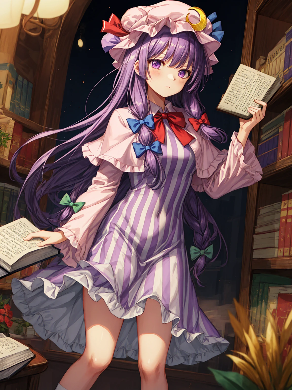 best quality, masterpiece, highres, solo, {patchouli_knowledge_touhou:1.15}, long_hair, purple_hair, crescent, purple_eyes, ribbon, hat, bow, bangs, mob_cap, hat_ornament, crescent_hat_ornament, hair_bow, red_bow, blue_bow, upper_body, book, red_ribbon, capelet, hat_ribbon, striped, very_long_hair, 1girl, blunt_bangs, dress, holding, holding_book, long_sleeves, looking_at_viewer, open_book, striped_dress, vertical-striped_dress, vertical_stripes, blue_ribbon, purple_dress, purple_headwear, sidelocks, bowtie, frills, purple_capelet, red_bowtie, sitting, wide_sleeves