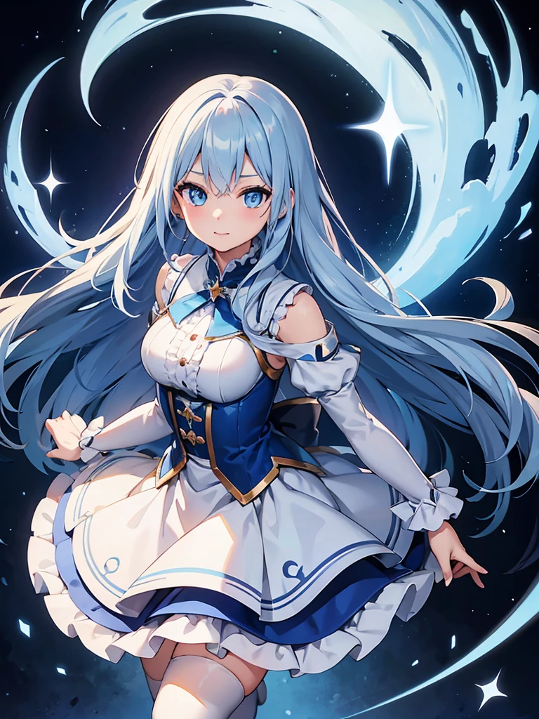 masterpiece,high quality,(full body 1.2),animated standing portrait, white cape and blue shirt,(blue hair 1.4),anime girl with long blue hair and blue eyes,(detailed eyes 1.6),(clear eyes 1.4),(beautiful eyes 1.4),(shining eyes 1.4),white cyan, from arc knights, blue hair, shining blue eyes, blue eyes, detailed key animated art, animated portrait, shining blue eyes, Pixiv digital art, blue haired girl, blue white hair, frilly skirt, thighs, 4K