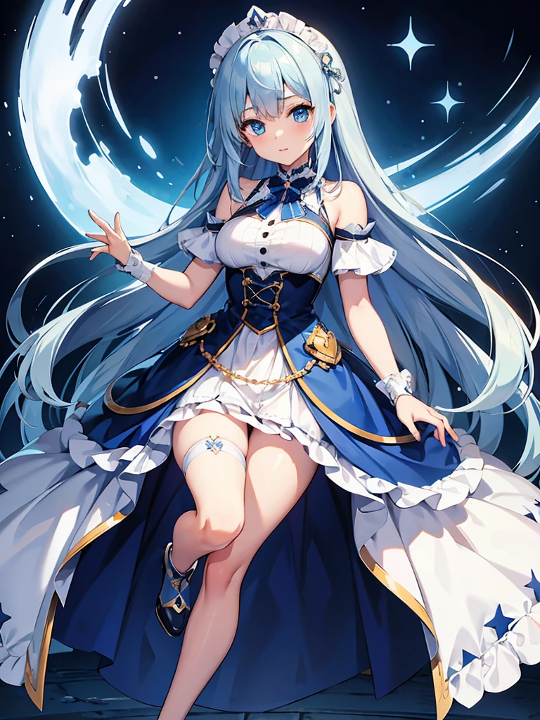 masterpiece,high quality,(full body 1.2),animated standing portrait, white cape and blue shirt,(blue hair 1.4),anime girl with long blue hair and blue eyes,(detailed eyes 1.6),(clear eyes 1.4),(beautiful eyes 1.4),(shining eyes 1.4),white cyan, from arc knights, blue hair, shining blue eyes, blue eyes, detailed key animated art, animated portrait, shining blue eyes, Pixiv digital art, blue haired girl, blue white hair, frilly skirt, thighs, 4K