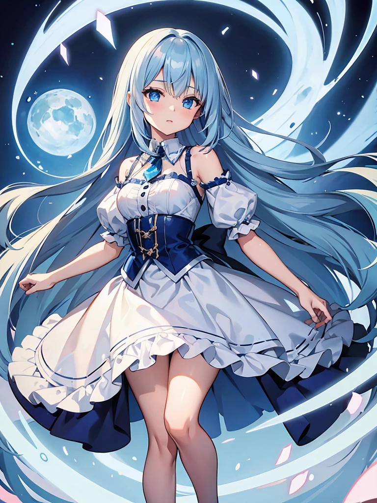 masterpiece,high quality,(full body 1.2),animated standing portrait, white cape and blue shirt,(blue hair 1.4),anime girl with long blue hair and blue eyes,(detailed eyes 1.6),(clear eyes 1.4),(beautiful eyes 1.4),(shining eyes 1.4),white cyan, from arc knights, blue hair, shining blue eyes, blue eyes, detailed key animated art, animated portrait, shining blue eyes, Pixiv digital art, blue haired girl, blue white hair, frilly skirt, thighs, 4K