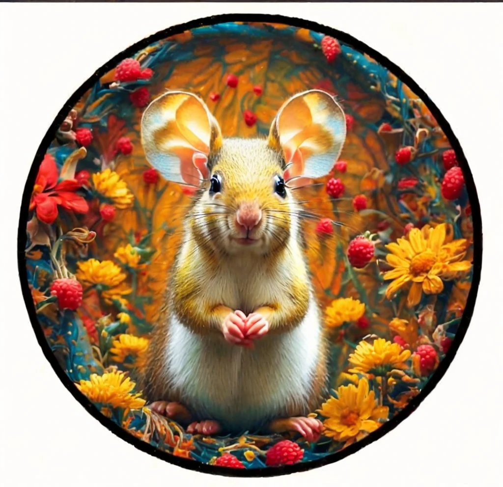 Circular design, photorealistic, a cute happy squirrel with big ears surrounded by bright flowers. Yellow daisy flowers and red raspberries contrast against a white background, 8k, close-up, ultra detailed, popular on artstation, sharp focus, intricate details, very detailed, by greg rutkoski, movie stills, greg rutkoski, xxmix_cartercarter, leonardo style
info