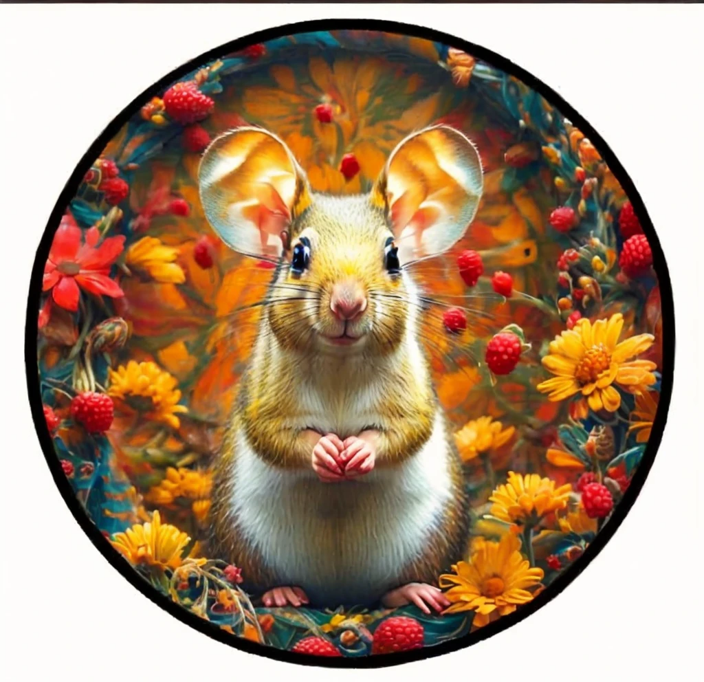 Circular design, photorealistic, a cute happy squirrel with big ears surrounded by bright flowers. Yellow daisy flowers and red raspberries contrast against a white background, 8k, close-up, ultra detailed, popular on artstation, sharp focus, intricate details, very detailed, by greg rutkoski, movie stills, greg rutkoski, xxmix_cartercarter, leonardo style
info