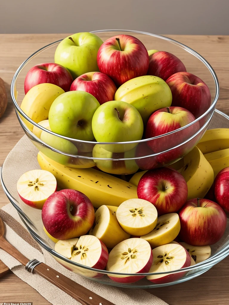 A modern glass bowl containing a vibrant mix of high-quality, including visible pieces of apples and bananas, looking irresistibly tasty
