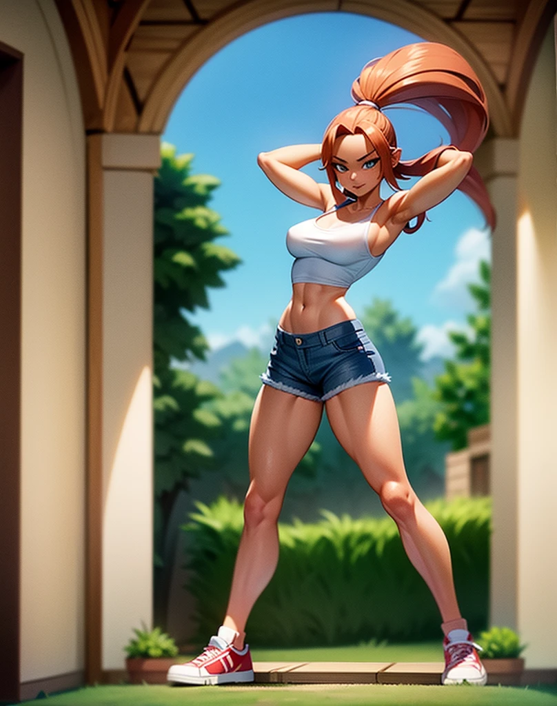 Chica bandicoot, sexy young girl, good body, strong red hair, long ponytail hair, blue eyes, blue jeans, White shirt, white tennis shoes, standing,