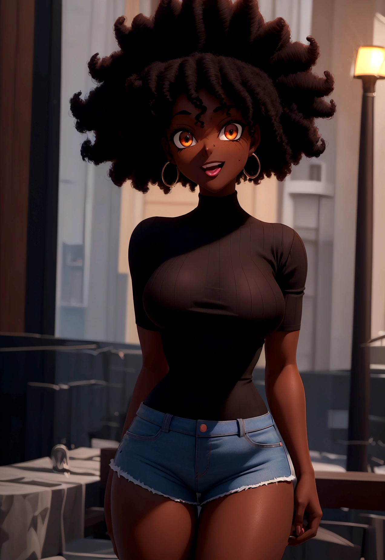 Rias Gremory, ((Dark African skin, Very deep ebony skin)), ((Its beauty is undeniable)), ((cute excited face)), ((Hyper detailed perfect eyes,)), ((pose mignonne)), ((Langue sortie)), ((Attirant )), sexy, (( Tight knit shirt, shorts courts sexy)), ((Afro curly African hair afro ponytail afro,)), (( peau)), ((debout, vue de face)), ((toucher ses propres jambes dans une pose sexy)), ((dehors, Ville publique)), CGI ciblé, Fotorrealista, High detail, Realstic, Master part, Absurde, Best quality, Hdr, highly quality, high-definition, extremly detailed, 8k wallpaper, intricate high detail, 8K UHD, Full-HD, (photo realist:1.2), contraste, intense illumination, lighting cinematic, natural lighting, hard light, contre-jour, Illumination globale, occlusion ambiante