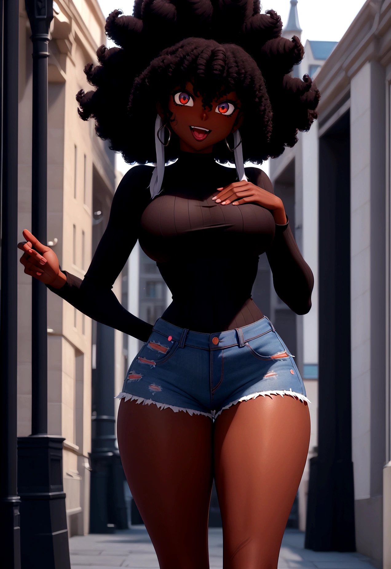 Rias Gremory, ((Dark African skin, Very deep ebony skin)), ((Its beauty is undeniable)), ((cute excited face)), ((Hyper detailed perfect eyes,)), ((pose mignonne)), ((Langue sortie)), ((Attirant )), sexy, (( Tight knit shirt, shorts courts sexy)), ((Afro curly African hair afro ponytail afro,)), (( peau)), ((debout, vue de face)), ((toucher ses propres jambes dans une pose sexy)), ((dehors, Ville publique)), CGI ciblé, Fotorrealista, High detail, Realstic, Master part, Absurde, Best quality, Hdr, highly quality, high-definition, extremly detailed, 8k wallpaper, intricate high detail, 8K UHD, Full-HD, (photo realist:1.2), contraste, intense illumination, lighting cinematic, natural lighting, hard light, contre-jour, Illumination globale, occlusion ambiante