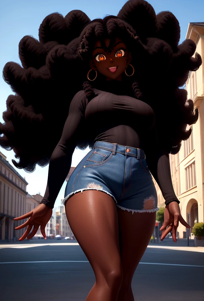 Rias Gremory, ((Dark African skin, Very deep ebony skin)), ((Its beauty is undeniable)), ((cute excited face)), ((Hyper detailed perfect eyes,)), ((pose mignonne)), ((Langue sortie)), ((Attirant )), sexy, (( Tight knit shirt, shorts courts sexy)), ((Afro curly African hair afro ponytail afro,)), (( peau)), ((debout, vue de face)), ((toucher ses propres jambes dans une pose sexy)), ((dehors, Ville publique)), CGI ciblé, Fotorrealista, High detail, Realstic, Master part, Absurde, Best quality, Hdr, highly quality, high-definition, extremly detailed, 8k wallpaper, intricate high detail, 8K UHD, Full-HD, (photo realist:1.2), contraste, intense illumination, lighting cinematic, natural lighting, hard light, contre-jour, Illumination globale, occlusion ambiante