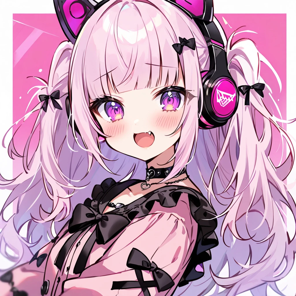 Top quality, masterpiece, chibi character, animal ear girl, peal purple and blunt bangs hair, twin braids, eyes closed, mouth wide open and screaming, blushing, smilng,fangs,(a girl with closs hair pin,
pink shirt,cosplay, jirai kei, bangs, black skirt, black bow, looking at viewer, bow, long sleeves, choker, ribbon,portrait shot :1.4),From the side, he is wearing square headphones over his ears, and the Marshall logo is on the headphones.