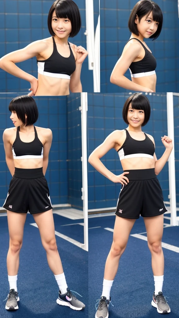 13 years old、Japanese men、Pretty short sporty black hair、Short but well-trained muscles、