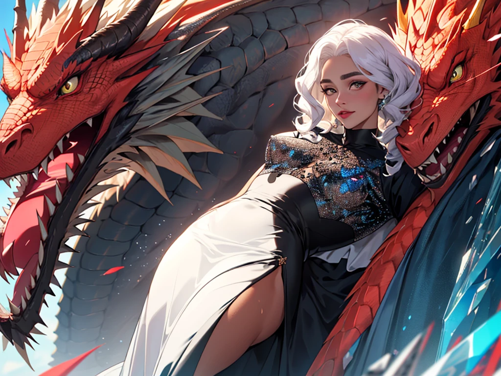 Ultra detailed, clothing, hole body, tan skin, Targaryen, drag queen, dress black and red, crystals, details, hole body, fashion, dragon, beauty hair, fashion dress, Meleys