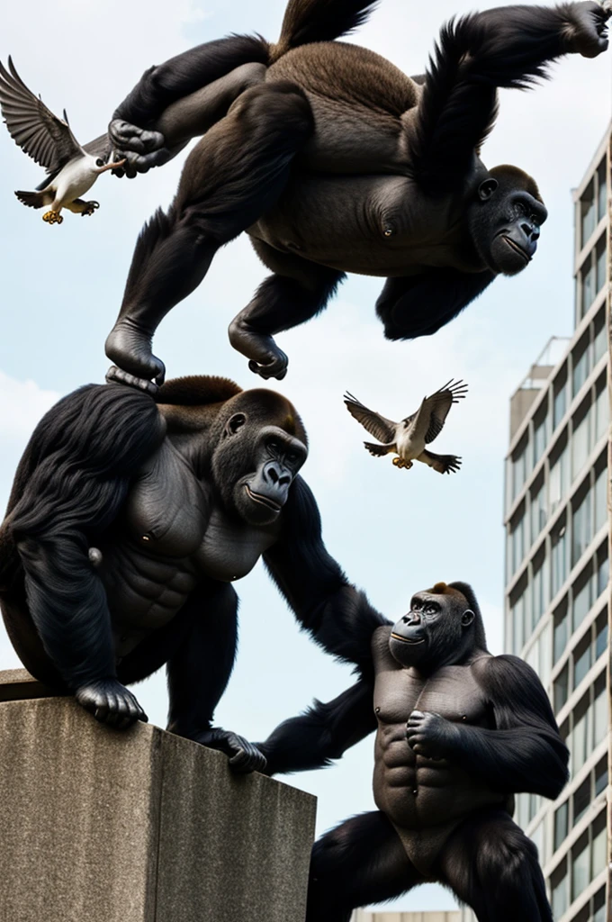 A gorilla fighting a giant pigeon 