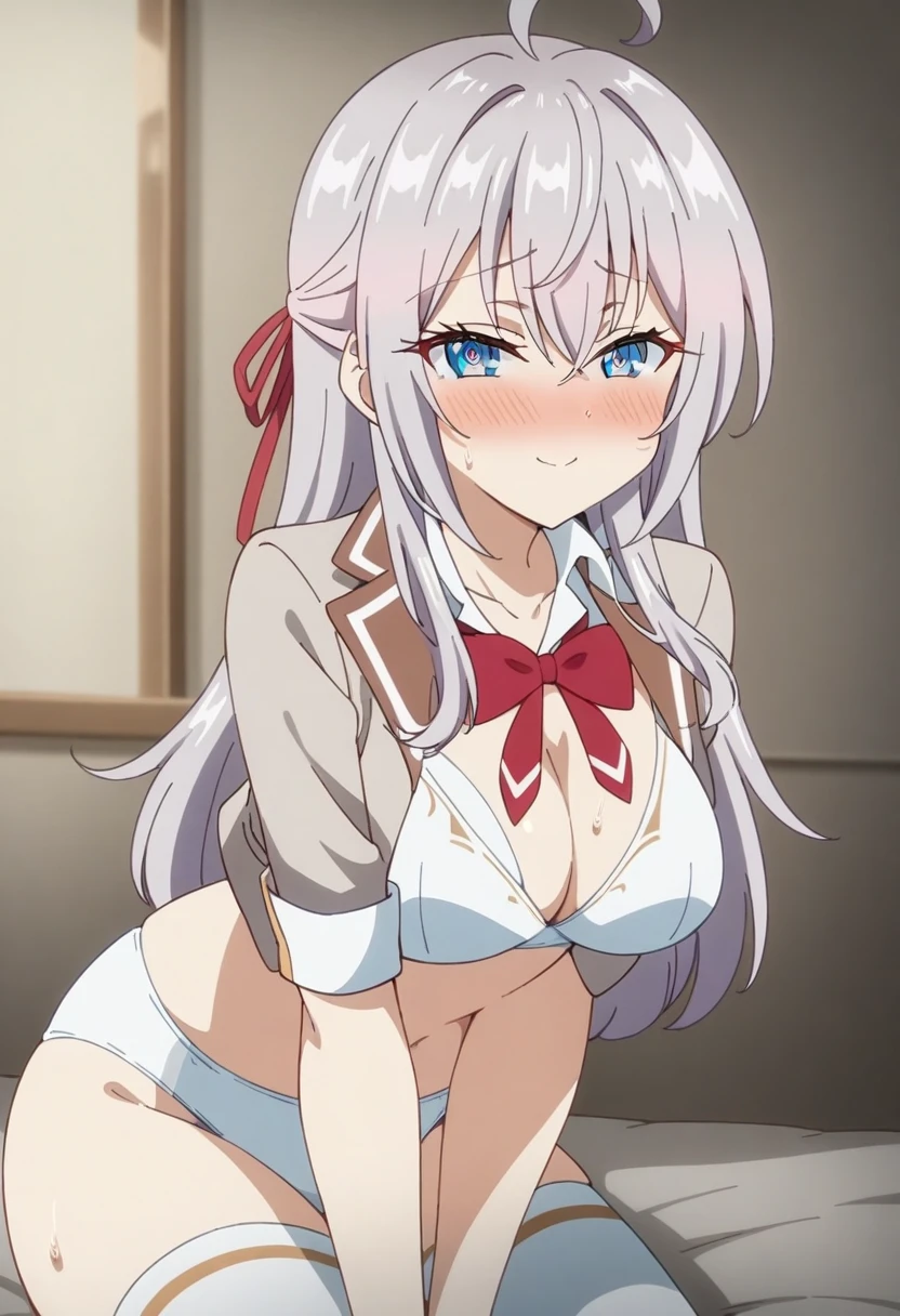 anime art style, 2d, masterpiece, best quality, very aesthetic, absurdres, dynamic shadows, atmosferic, alisa_mikhailovna, (1girl), (grey hair), long hair, blue eyes, detailed eyes, ahoge, hair between eyes, bangs, medium breasts, curvy body, makeup, ((intense blush)), sweat, cleavage, collarbone, (crop jacket), grey jacket, (open clothes), white bra, white panties, red bowtie, loose bowtie, red hair ribbon, white thighhighs, (sexy smile), (cowboy shot), lying, looking at viewer, on bed