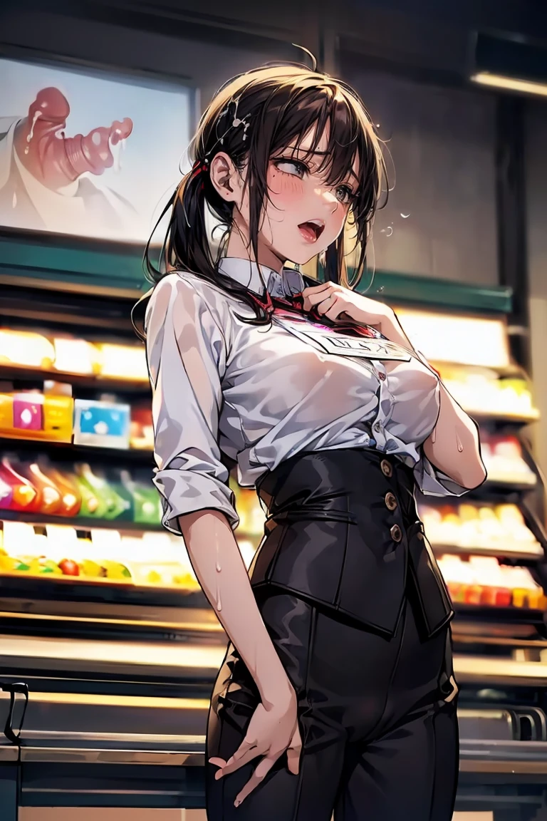 detailed cg art, masterpiece, best quality, anime artstyle, perfect anatomy,

1girl wearing employee uniform convenience store shop vertical-striped shirt long pants name tag and 1boy of wool suit,
hug, sex, sway hip,(reverse upright straddle), kissing, large clitoris, (((sweat))), ((orgasm)),
grab breasts, (((cum))) pussy, female , (motion blur), ((((painful suffering orgasm)))),
pubic hair, (condom on penis), black hair, (((twitching))),((action, sway hips, thrusting penis, motion blur at hips, motion blur of thrusting penis)), panties around one leg