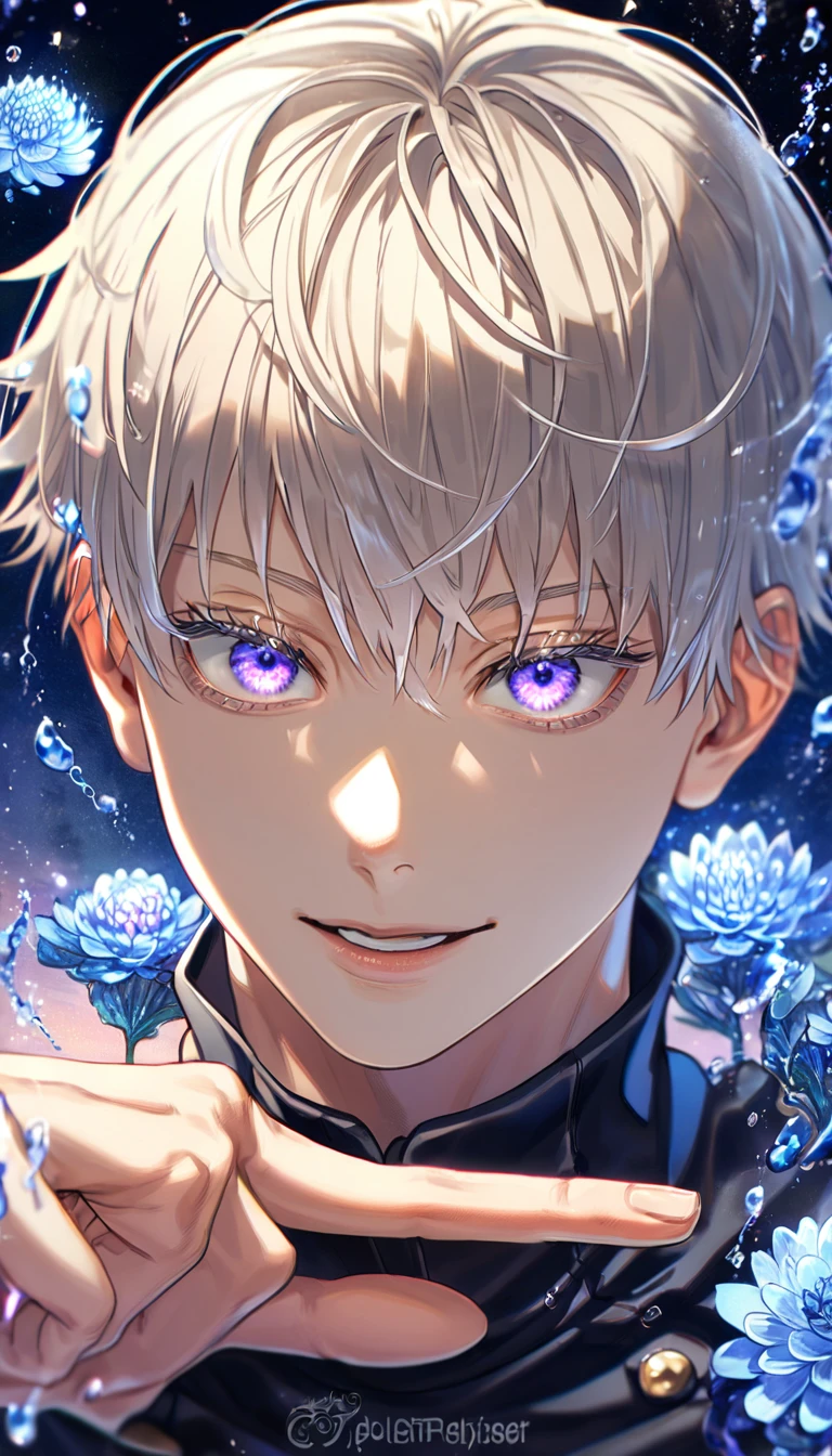 absurdres, highres, ultra detailed, HDR, master piece, best quality, extremely detailed, Inumaki Toge, platinum blonde hair, expressive purple eyes, Jujutsu Kaisen, solo, y man, handsome, handsome smile, black uniform with high collar, fantasy, water, sparkling, blue glittering fireflies, blue moon, blue blossoms, blue chrblue sparkling lights, starry sky
