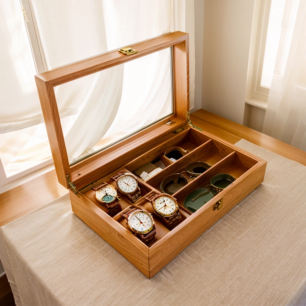 In this cozy room,A ray of sunlight shone through the half-drawn curtains on the table,Let the wood grain on the watch storage box shine with a faint luster。There was a calm and peaceful atmosphere in the air around them。There are several still lifes hanging on the walls of the room,It adds a touch of elegance to the space。And on the other side of the room,The half-open window lets in the breeze,The pages on the small desk by the window turned in the wind,This quiet scene gives a sense of tranquility and comfort。