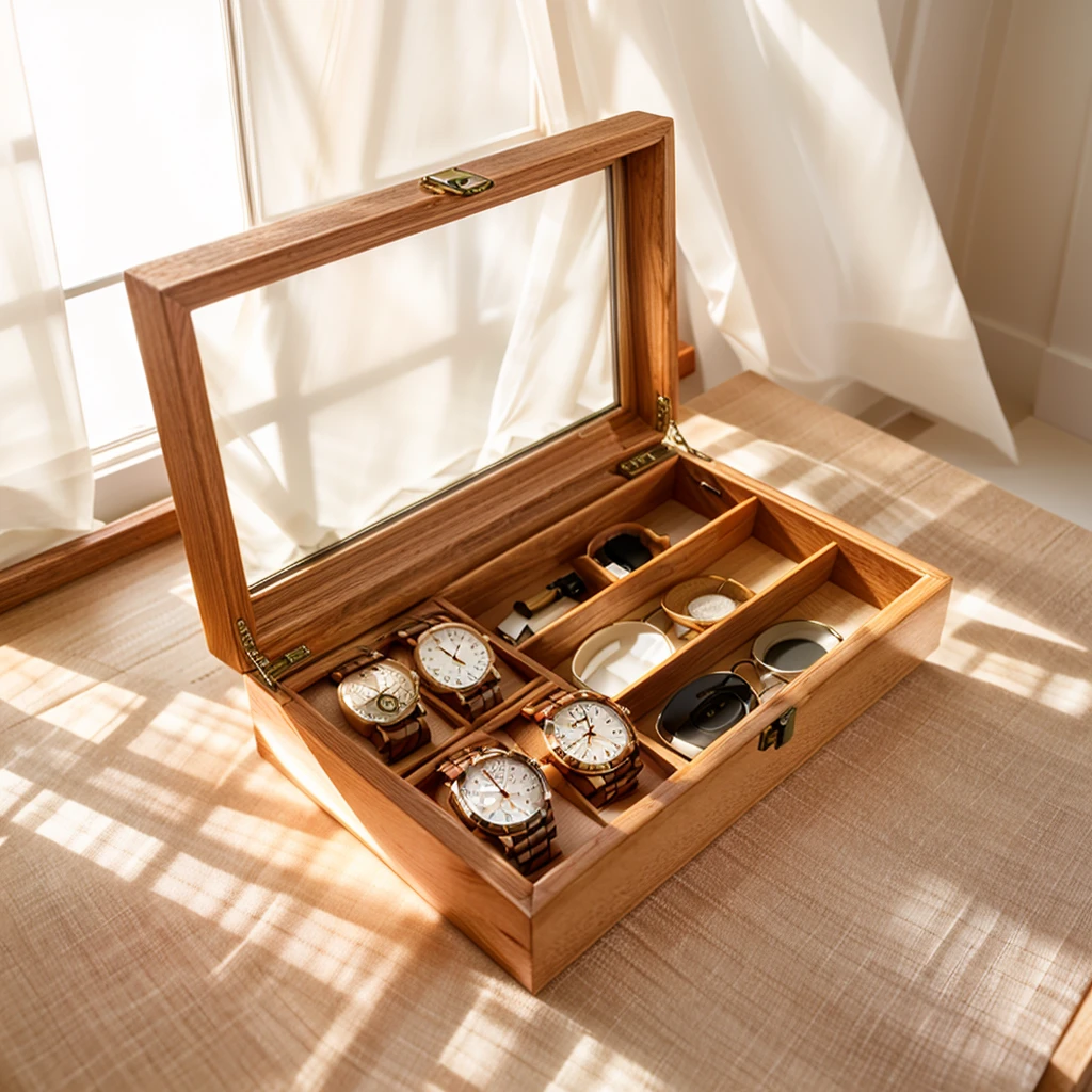 In this cozy room,A ray of sunlight shone through the half-drawn curtains on the table,Let the wood grain on the watch storage box shine with a faint luster。There was a calm and peaceful atmosphere in the air around them。There are several still lifes hanging on the walls of the room,It adds a touch of elegance to the space。And on the other side of the room,The half-open window lets in the breeze,The pages on the small desk by the window turned in the wind,This quiet scene gives a sense of tranquility and comfort。