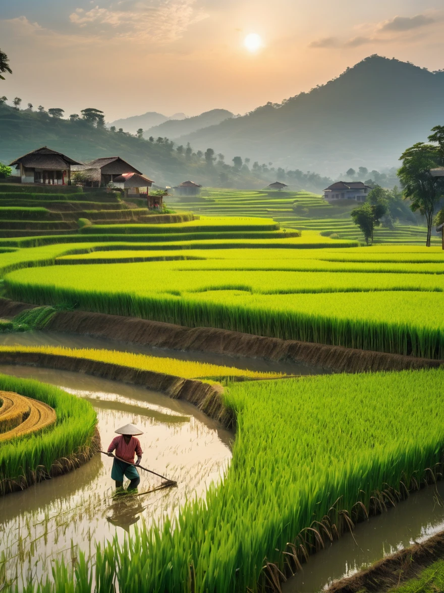 best quality,4k,8k,highres,masterpiece:1.2,ultra-detailed,realistic:1.37,rice paddy,beautiful detailed landscape,vivid colors,sparkling water reflections,lush greenery,sun-kissed fields,hazy mountains,farmland stretching into the distance,gentle breeze stirring the crops,subtle play of light and shadow,detail-rich textures,rustling of leaves in the wind,farmer working in the field,tranquil atmosphere,peaceful countryside,hills rolling in the background,serene and idyllic scenery,harvest time approaching,breathtaking natural beauty,swaying stalks of rice,harmonious composition,thoughtful use of negative space,impressive depth of field,artistic portrayal of agricultural life