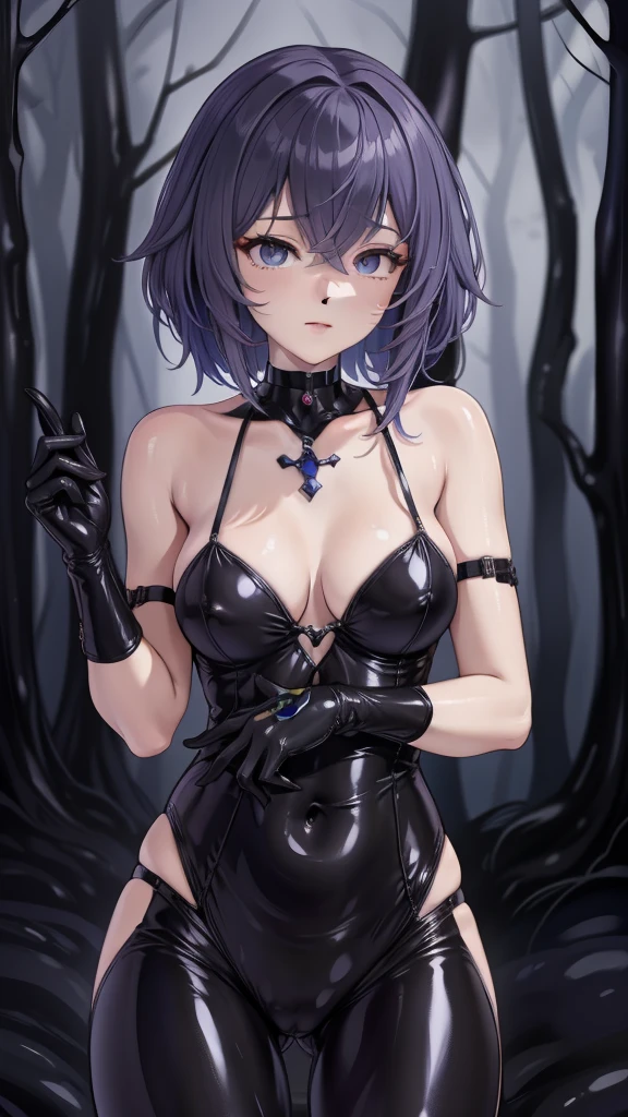 Masterpiece, Beautiful art, professional artist, 8k, art style by sciamano240, Very detailed face, Detailed clothing, detailed fabric, 1 girl, Soul Fullness \(Honkai Impact 3rd\), standing, perfectly drawn body, shy expression, 4k eyes, very detailed eyes, pale skin, beautiful face, short dark blue hair, choker: 1.6, (shiny black tight bodysuit), black gloves, gloves that cover hands, Sensual Lips , evening de invierno, show details in the eyes, looking at the viewer, Dark road, dark forest, evening, Atmosphere, fog